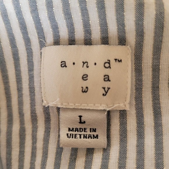 A New Day gray white stripe button up top ruffle short sleeve metallic girly L - Picture 5 of 13